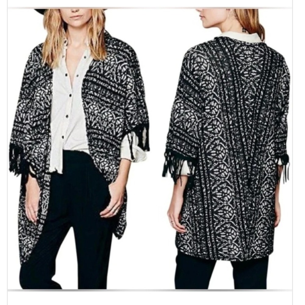 Free People Kimono Cardigan Womens M / L Black Metallic Fringe Trim Boho Hippie